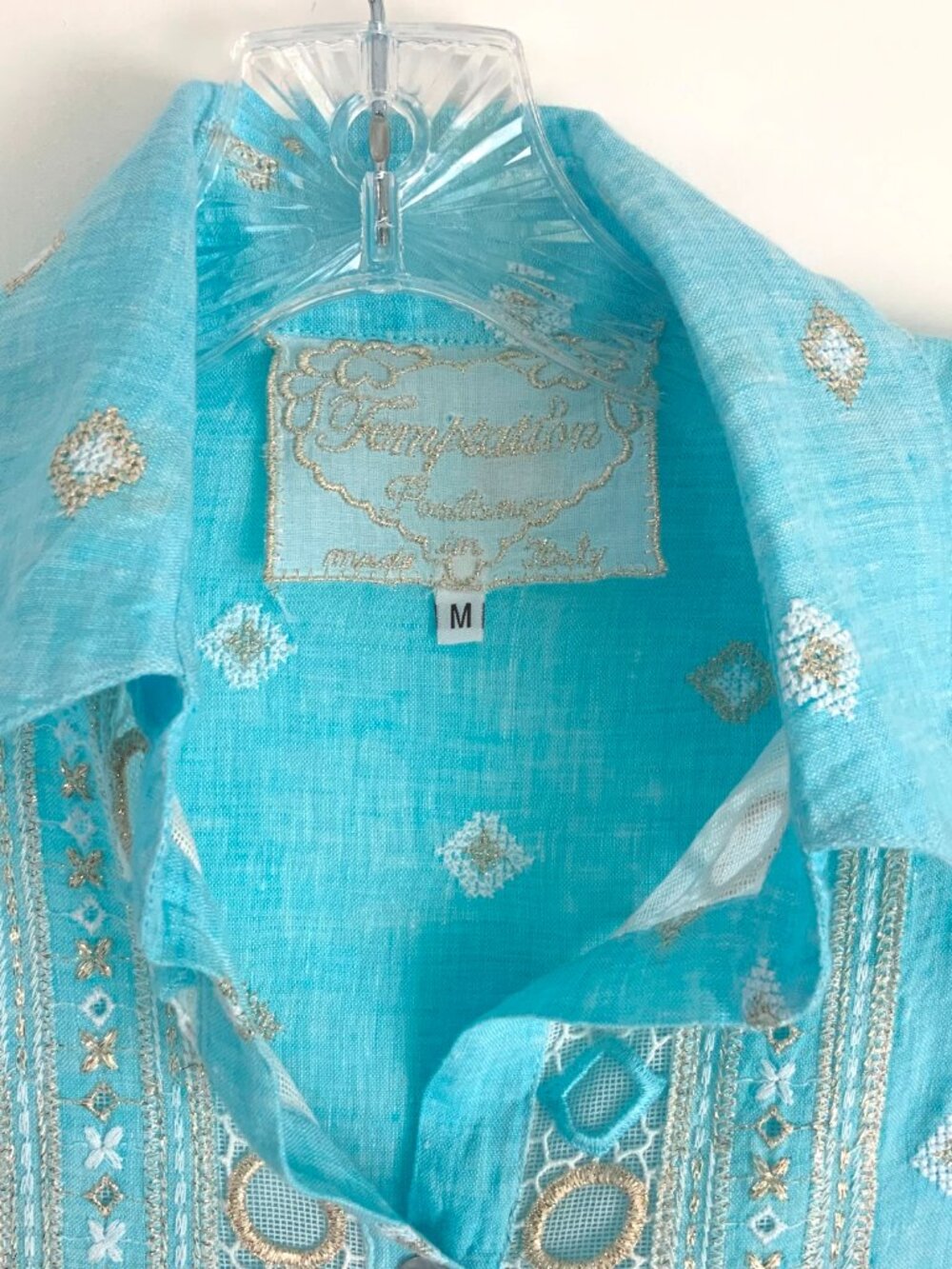 Temptation Positano Blue Straight Cut Embroidered Bohemian Linen Blouse Sz M - Picture 5 of 16